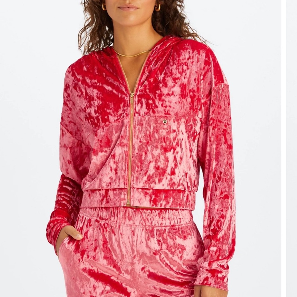 Fabletics Crushed Velour Zip Up Hoodie Jacket Strawberry Red XL